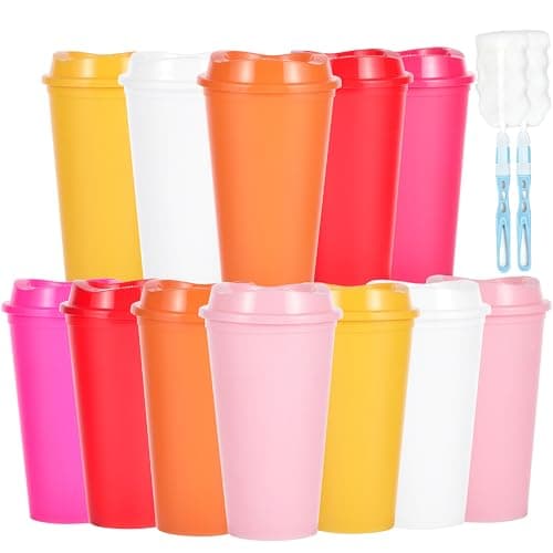 CuppaLifes 475ml Reusable Coffee Cups with Lids, 12 Pack Insulated Plastic Tumblers, Travel Mugs for Hot/Cold Drinks, Smoothie, Takeaway Cups for Adults (12, Vivid)