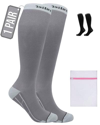 360 RELIEF 1 Pair Compression Socks for Women Men 15-20 mmHg, Circulation Travel Flight Socks Ideal for Swollen Legs, DVT, Varicose Veins, Running, Athletic, Cycling, Gym, L/XL, Grey + Laundry Bag