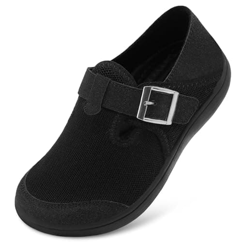 JIASUQI Barefoot Shoes Womens Wide Casual Walking Shoes Zero Drop Minimalist Sneakers with Adjustable Strap Slip on Clogs for Office Shopping Travel(Black 42,Size UK 8)
