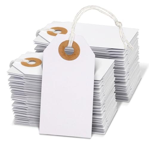 Hanqing Price Tags with String, 100 Pcs Hang Card with Reinforced Hole, Blank Paper Display Tags for Luggage, Clothing, Gifts, Jewelry (White)