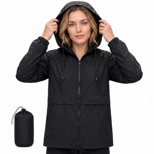 NWDEY Women's Lightweight Waterproof Jacket Ladies Packable Raincoat Hooded Windproof Rain Jacket Coat for Outdoor Travel (UK, Alpha, L, Regular, Regular, Black)