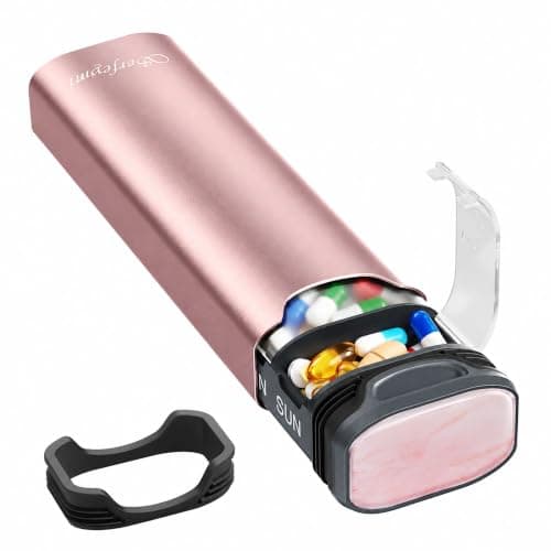 Weekly Pill Boxes 7 Day 1 Times A Day,Serfeymi Metal Pill Organiser(Spare Gasket Provide),Travel Tablet Dispenser,Daily Pill Case,Dosette Box,Medicine Holder for Medication,Supplement(Indiv Lid)-Pink
