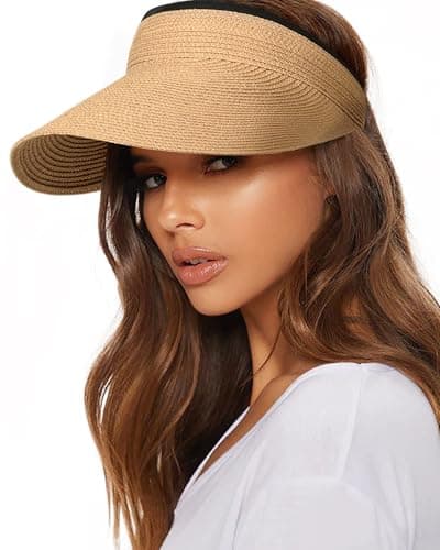 Women's Straw Sun Visor Hat, Wide Brim UPF UV Protection, Packable Ponytail Beach Visor for Summer Outdoor Travel Khaki