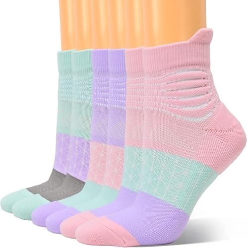 IRAMY Compression Ankle Support Socks Women Running Wicking Cushioned Athletic Plantar Fasciitis Relief 3 Pairs (Pink+Purple+Green M)