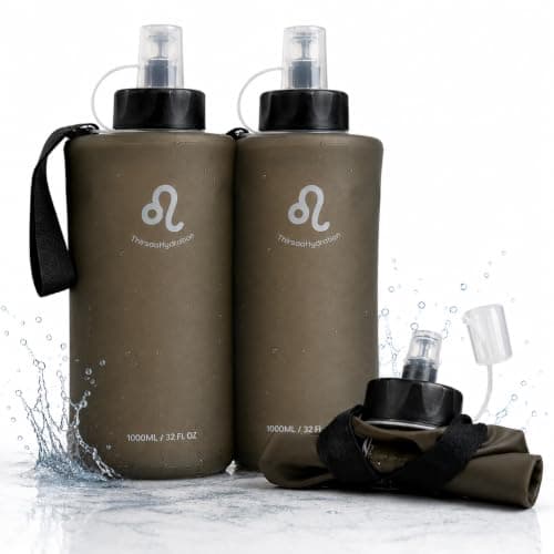 Thirsaa Collapsible 1L Soft Flask Water Bottle (2 Pack), BPA FREE Hydration Bottle with Roll Up Design for Running, Hiking, Cycling or Travelling (2, Charcoal)