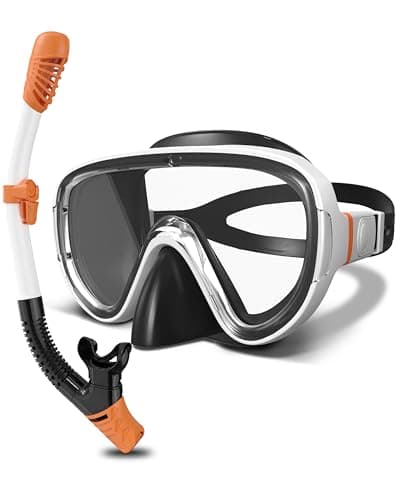 G2RISE SN05 Snorkel Set Adults, Anti-leak Scuba Diving Goggles and Snorkel, Mask and Snorkel Set Adult with Tempered Glass Lenses & Dry Top System for Snorkeling, Diving, Swimming(White Orange)