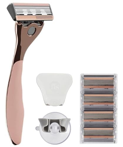 FFS Beauty Starter Shaving Set for Women - Premium Customised Metal Razor Handle with Personalised Engraving, Shower Holder, Travel Pouch, 4 SmoothGlide 6-Blade Cartridges (Rose Gold)