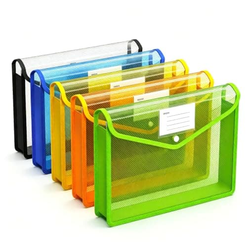 A4 Plastic File Folders, 5 Pcs Assorted Colors Transparent Envelopes, Waterproof Snap Closure Document Organizer, No Dividers, Large Capacity for School Office Home