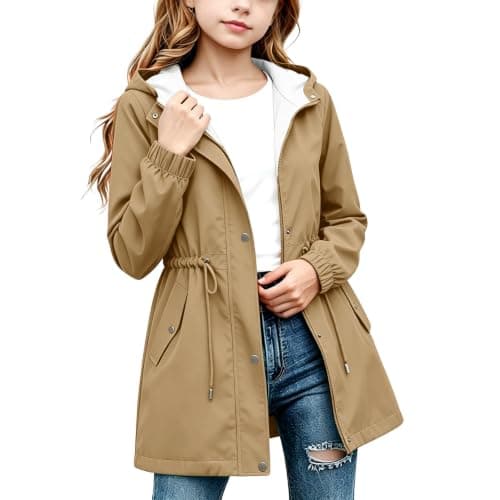 Khaki Girls Waterproof Jacket Windproof Hooded Raincoat Outdoor 11 Years