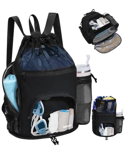 WANDF Drawstring Swim Bag, Sandproof Mesh with Wet and Dry Compartments (Black)