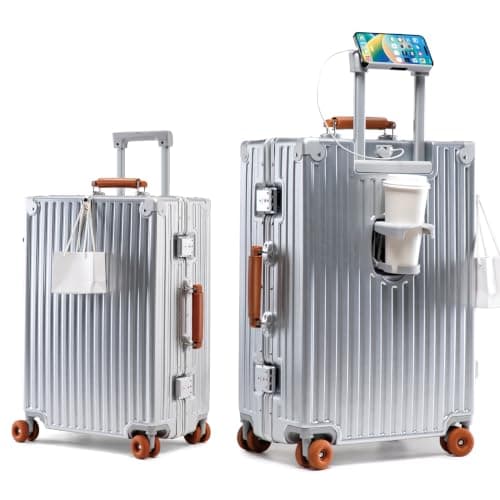 Blex Hand Luggage Suitcase, Lightweight Cabin Trolley with Aluminium Frame, Hard Case with USB/Type-C, Drinks & Mobile Phone Holder, TSA Lock & Quiet 360° Wheels, Silver (brown genuine leather handle