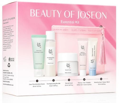 Beauty of Joseon Essential Kit – Limited Edition 5-Piece K-Beauty Travel Skincare Set with Pouch – Includes Cleanser, Rice Milk Toner, Dynasty Cream, Eye Serum, and Relief Sun SPF50+