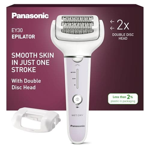 Panasonic ES-EY30-V511 Wet and Dry Epilator, Double Disc with 60 Tweezers, Flexible 90° Pivoting Head, 3 Speed Settings & LED Light, Up to 30 Minutes Operation Time, Cordless, Hair Remover