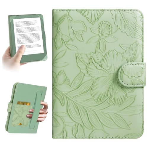 HoYiXi Universal Case for 6-inch Kindle eReader Compatible with Kobo/Voyaga/Pocketbook/Tolino E-book reader,6'' eReader Protective Cover with Built-in Card Slot,Green leaves