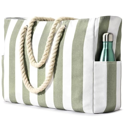 Becokan Waterproof Beach Bag for Women - Large Sandproof Swim Tote With Zipper and Stripe Pattern