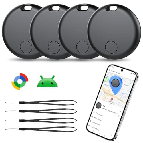 4 Pack Tracker Tags for Android (NOT iOS or Huawei), Key Finder, Item Finder Works with Google's ‘Find My Device’ App, IP67 Waterproof, Replaceable Battery, Bluetooth Finder for Wallet, Luggage, Key