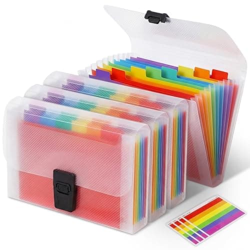 4 Pack A6 Concertina File Organiser, 13 Pockets Expanding Document Folder, Multicoloured Plastic Expanding Wallet with Rainbow Index Labels