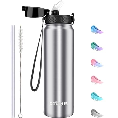 GOPPUS 1L/32oz Stainless Water Bottle with Straw Double Wall Insulated Bottles with Strap Reusable Vacuum Thermal Flask Leakproof Keep Cold Drinks Bottles with Flip Top Lid BPA Free (Silver)