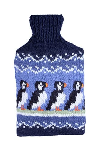 Pachamama Handknitted 100% Wool Hot Water Bottle Cover and 2 Litre Hot Water Bottle - Puffin Pattern Handmade Fair Trade Multicoloured Thermal