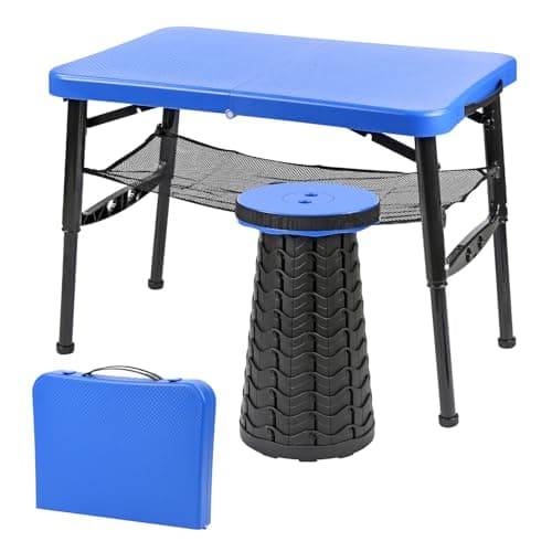 Taylor & Brown Portable Folding Camping Table and Telescopic Stool Set, Adjustable Height Foldable, Lightweight and Sturdy for Outdoor Picnic, Beach, Also Ideal as Lap Desk, Bed Table (Blue)