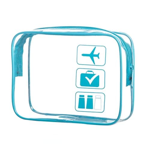 KINDOYO Clear Travel Toiletry Bag - Transparent Makeup Bag with Zippers Aeroplane Bags PVC Waterproof Cosmetic Bag Wash Bag Shower Bag Travel Accessories Bag for Women Men (Blue)