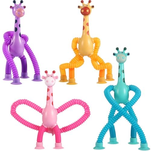 4Pcs Giraffe Pop Tubes Sensory Fidget Toys with Suction Cup, Easter Basket Stuffers for Toddlers Kids, Travel Toys for Airplane Car Activities, Screen-Free Fun Fidget Toys for Boys Girls