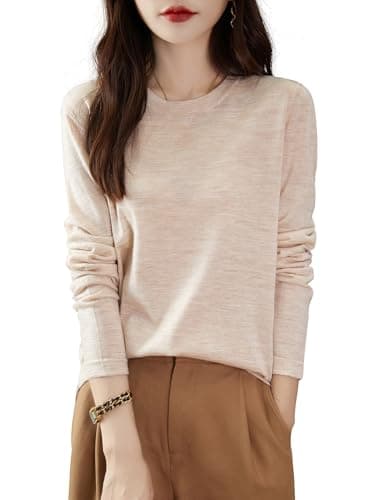 Chanyarn Women's 100% Merino Wool Base Layer Thermal Tops Crewneck Long Sleeve Travel Hiking Thermal T Shirt Pullover (Beige,L)