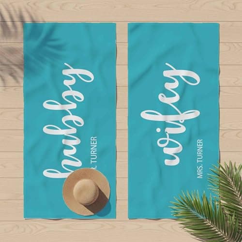 Print Maniacs Custom Personalised Hubby Wifey Towel with Name Microfibre Beach Towel Large Quick Dry Lightweight Travel Towel Honeymoon Holiday Pool Spa