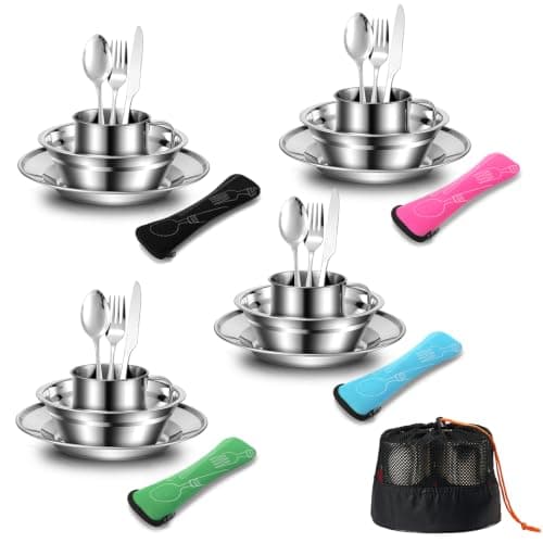 Odoland Camping Cutlery Set - Stainless Steel Tableware Mess Kit Plate Cup Fork Spoon, 7 in 1 Flatware Kit with Mesh Bag - Dinnerware Utensils Set for Outdoor Camping Hiking and Picnic for 4 People