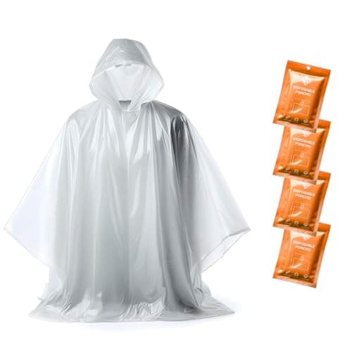 ZENO Rain Poncho Waterproof Adult - Festival Poncho - Waterproof, Disposable, Clear with Hood - Emergency Rain coat for Hiking, Cycling, Camping, Concert - Pack of 4 - Orange Glow Edition