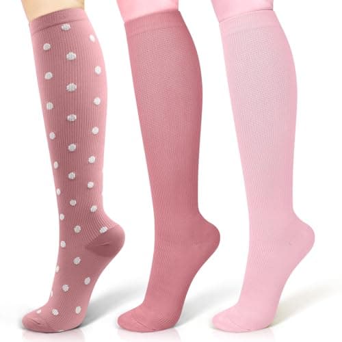 3 Pairs Compression Socks 15-20 mmhg for Men & Women, Support Socks Compression Stockings for Running, Swelling, Nurse, Flight, Nurses,Edema (Pink+Brick Red+Pink Dot, S/M)
