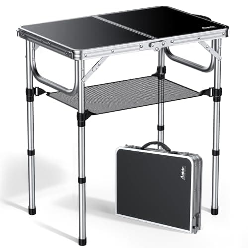 Anbte 2ft Folding Camping Table with Storage Net, 3 Adjustable Heights Small Folding Table, Lightweight and Portable, with Carry Handle, for Camping, Fishing, Picnic, Beach,Outdoor,Silver