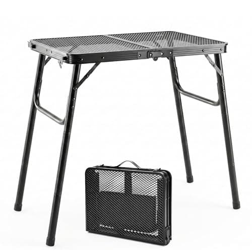 BBQ Side Table, 60 x 40 cm Metal Folding Camping Table, Lightweight Outdoor Table with Mesh Top, Adjustable Height 26/47/65 cm, Portable Garden Table for Barbecue, Picnic, Fishing, Camping Cooking