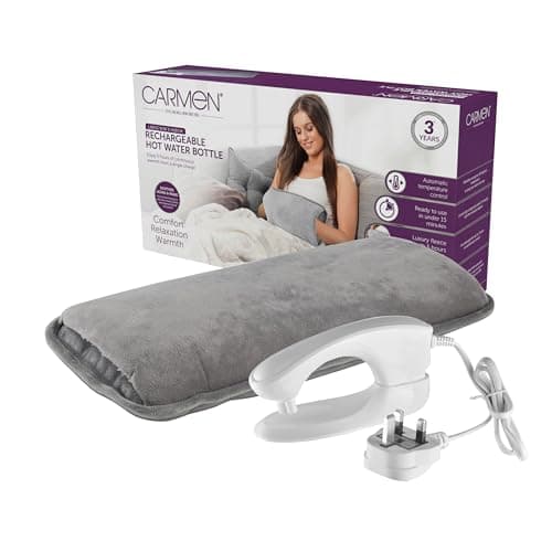 Carmen Large Rechargeable Hot Water Bottle, Soft Touch Fleece Cover, Hand Warmer, Automatic Temperature Control, W36cm x H19cm, Grey