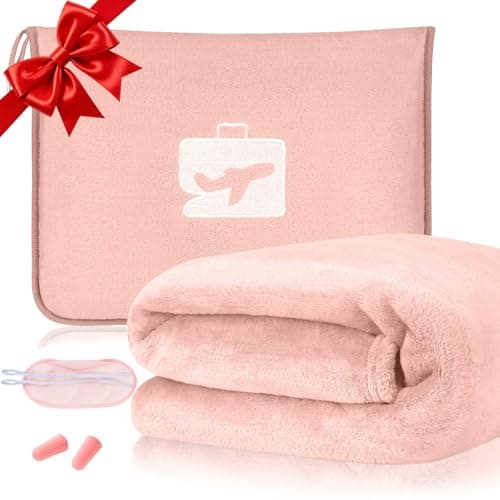 flintronic Travel Blanket and Pillow, 2 in 1 Airplane Blanket with Eye Mask and Ear Plugs, Compact Office Blankets, Lightweight & Portable Pillow for Adults, Kids,Long Flights and Trains (Pink)