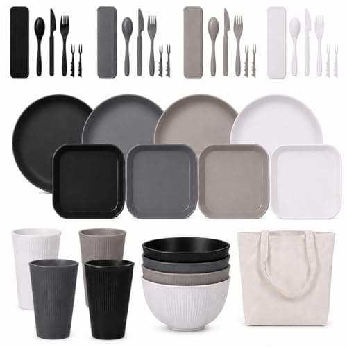 AURALIN Camping Dinnerware Set for 4 41 Pieces Reusable Plastic Canvas Bag