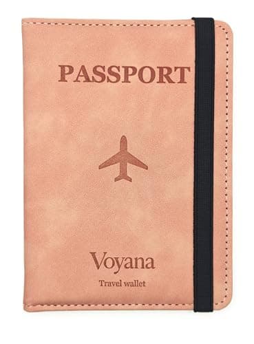 Voyana RFID Blocking Passport Holder, PU Leather Travel Wallet for Men and Women, Slim Cover for Passport, Boarding Pass, Credit Cards and Cash (Pink)