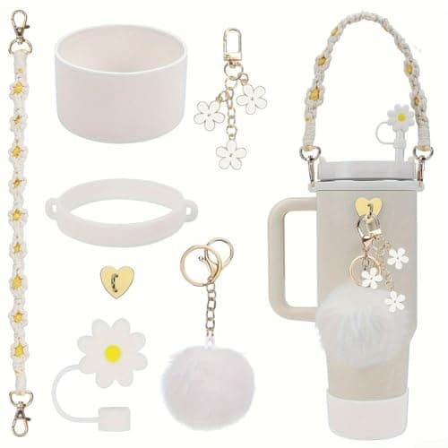 CWOQOCW 7PCS Silicone Cup Strap Set Designed for 30 Ounce and 40 Ounce For Water Bottles with Wool Ball Pendant for Enhanced Portability (white)