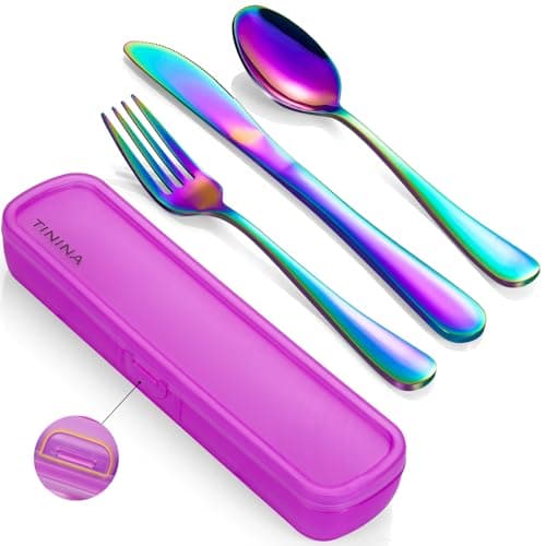 Camping Cutlery Set with Case, 4-Piece Stainless Steel Portable Travel Utensils, Reinforced Case with Snap-Lock Closure, Lunch Box for Camping Work School, Fork Spoon Knife, Dishwasher Safe, Rainbow