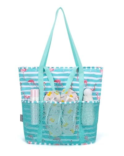 Beach Bag with Zip and Pockets Small Beach Tote Bags Women, Green Flamingo