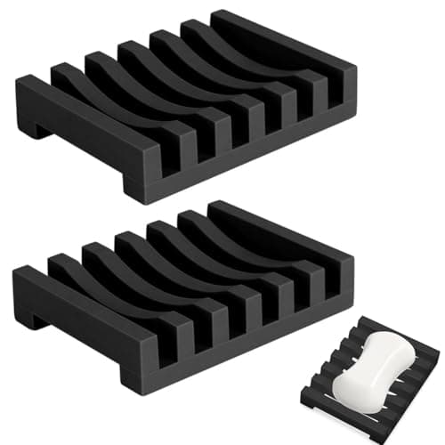 ZHjuju Soap Dishes,2 Pcs Soap Dish with Drain Spout Silicone Rubber Drainer Dishes Soap Holder Soap Tray Soap Case Holder for Kitchen Shower Room Bathroom,Black