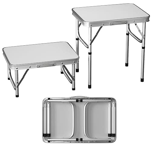 Qimu 2ft Folding Camping Table with 2 Adjustable Height, Lightweight Aluminium Picnic Table, Portable Foldable Picnic Tables for Picnic/Camping (White,60cm-2 Adjustable Heights)