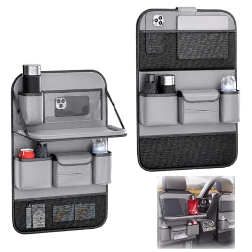 2 Pack Artificial Leather Car Backseat Organizer with Folding Tray- Grey