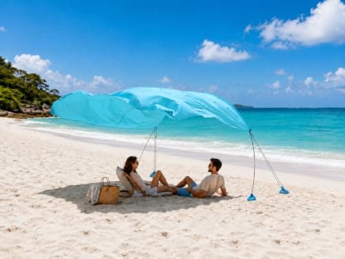 3m x 3m Beach Canopy Sun Shelter, Lightweight Beach Tent with Pre-Attached Sandbags & Thick Wind Ropes, Easy Setup Portable Beach Shade for Family, Garden & Outdoor (Blue, 3m × 3m)