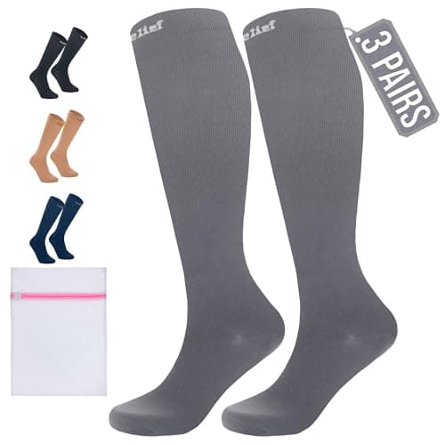 360 RELIEF 3 Pairs Compression Socks for Women & Men - 15-20 mmHg Travel Flight Socks – Graduated Support - Ideal for Running, Cycling & during Maternity -S/M, Grey with Laundry Bag