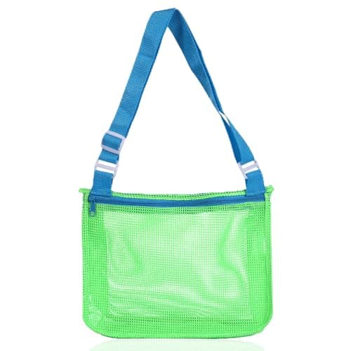 Tabanzhe Mesh Beach Bag,Adjustable Carrying Strap Shoulder Bag,Foldable Seashell Collecting Sand Bag,Swimming Pool Beach Accessories,for Seashell Toy Clothes Towels Collecting(Green Blue Band)