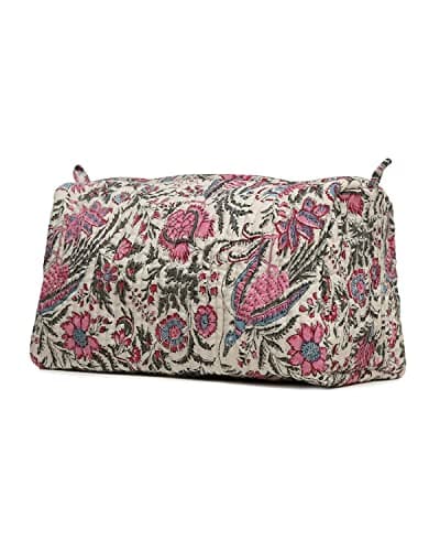 Cotton Hand Block Floral Print Toiletry Bag for Women Make Up Cosmetic Bag Jewelry Organizer Kit Storage Bag Case Travel Accessories Essentials Toiletries Purse Open Pouch, Multi (9.25"x 6.88"x 4.5")