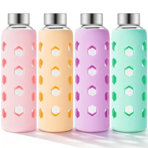 Mrsdry Glass Water Bottles with Lids and Silicone Sleeves 550ml, 4-Pack Reusable Clear Glass Juice Bottles with Stainless Steel Airtight Cap, BPA Free Leak-Proof Drinking Bottles for Hot Cold Drinks
