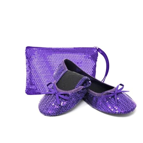 Silky Toes Foldable Sequin Shoes for Women | Comfortable Dressy Flats for Weddings, Parties & Events | Ballet Purse Slippers, Purple, Large