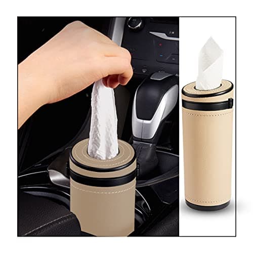 Moioee Car Tissue Holder, Cylinder Tissue Box with Window Breaker, PU Leather Round Tissues Container for Auto Cup Holder, Travel Facial Tissues Organizer for All Vehicles (Beige)